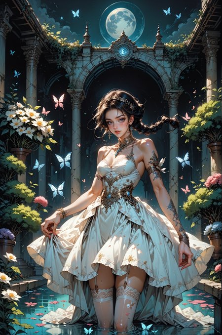 score_9, score_8_up, score_7_up, score_6_up, score_5_up, score_4_up,  1girl, moon background, reflective ground, abstract, solo, princess, black hair, braided, posing, cute pose, joyful, lace, stockings, garter belt, outdoors, romantic, garden, flowers, butterflies, moonlight, surreal, fantastical, (white dress), LAstargalaxydress, <lora:LAstargalaxydressXL:0.9>, BREAK, highly detailed, gem earrings,<lora:hand 4:0.3>  , <lora:Fant5yP0ny:0.6>