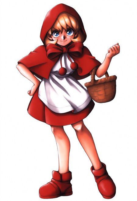 masterpiece, best quality, solo, 1girl, smile, looking at viewer, <lora:FF7-Offical-Art-illus_Fp:1>, 1990s \(style\), simple background, white background, full body, <lora:Bbhood-illus_Fp:1>, bbhood, short hair, blonde hair, blue eyes, hood, capelet, red dress, bow, white apron, pom pom \(clothes\), hood up, basket, red footwear,