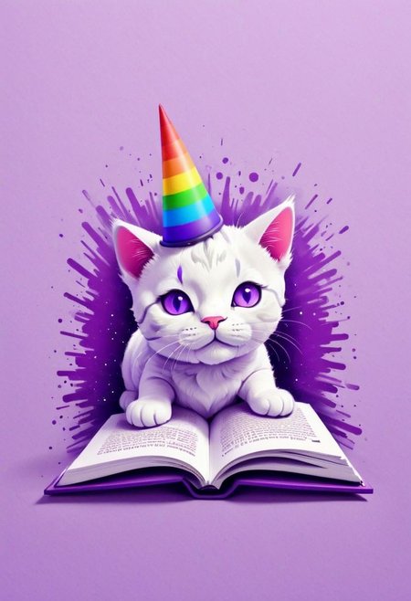 A simple doodle of an adorable cat with rainbow colored horns, lying on its side and reading a book. The background is purple, and the design includes minimalistic lines for a cute clipart style. It has a flat design aesthetic with vector art elements. Tshirt design graphic, vector graphics only, bold outlines, contour, white space around tshirt designs. Isolated on a pastel lavender color background.