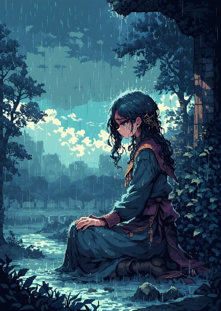 score_9, score_8_up, score_7_up, score_6_up, score_5_up, score_4_up,<lora:d3p1x3lXLP:1> d3p1x3l, pixel art, 1girl,alone,kneeling,crying,(hill:1.2),top of a hill,girl on top of a hill, rain, wet, wet surface, <lora:Rain (pony) v1:1>,<lora:Pony_DetailV2.0:1>