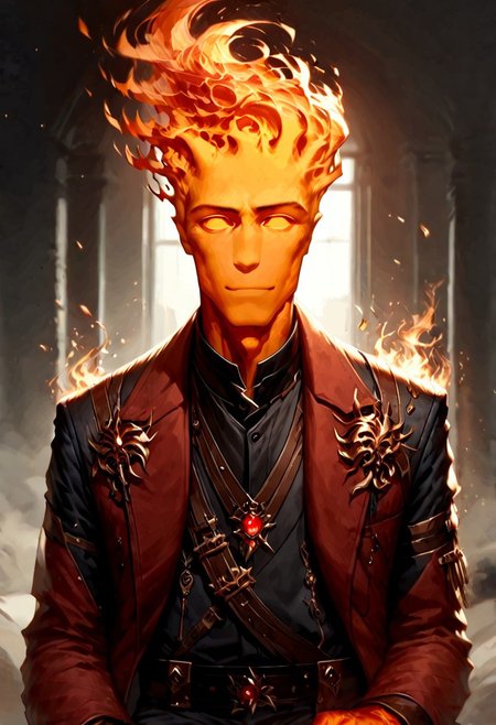 score_9, score_8_up, score_7_up, intricate details, rating_questionable,
<lora:dvr-gs:0.8>, dvr-gs, <lora:firehuman:1>, 
1man(firehuman, fiery body, solo, cowboy shot, looking at the viewer, red iris, happy, bodybuilder, ), black background, 
<lora:ral-chrosc-clr:0.5>, ral-chrosc-clr,
<lora:Expressive_H:0.5>
<lora:xl_more_art-full_v1:0.3>,
<lora:add-detail-xl:0.3>,
