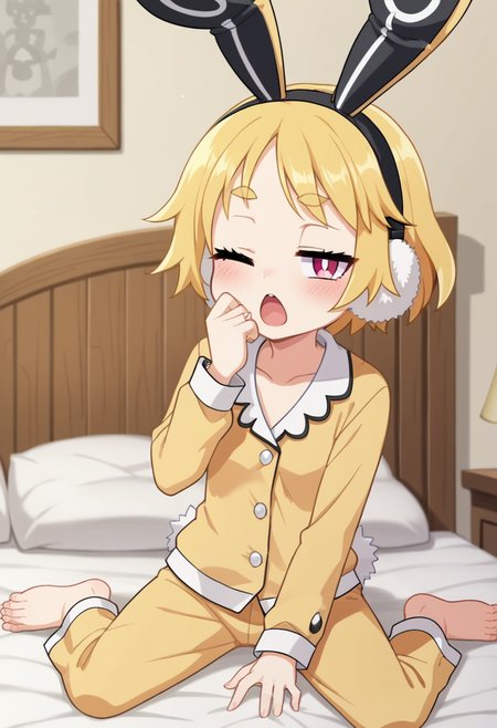 score_9, score_8_up, score_7_up, score_6_up, score_5_up, score_4_up, rating_safe, anime coloring ,BREAK source_anime, anime,screencap,
1girl, solo,usalia, fake rabbit ears, black hairband, jitome, pajamas, pajama shirt, pajama pants, yellow pajamas, white earmuffs, rabbit tail,  <lora:PonyXL Usalia V2:0.9> 
indoors, looking at viewer, bedroom, bed, sitting on bed, sleepy, yawning, one eye closed,