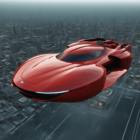 photo of red hover (2010's sports car), nowheels, science fiction, scifi, futuristic, futuristic city,  flying, soaring,
