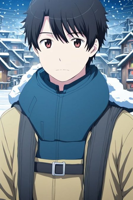 high resolution, solo, best quality, 1Boy, Portrait, Inaho Kaizuka, Black Hair, chilling, snow town, winter jacket,