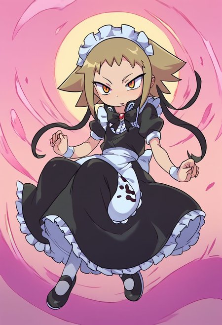 score_9, score_8_up, score_7_up, score_6_up, source_anime, 
maid, oversized clothes, frills, white frills shirt, long shirt, puff sleeves, short sleeves, white sleeves, black bow tie, bow tie brooch, maid headdress, maid apron, white tights, black shoes
1girl,<lora:Possession_Medusa:1>  MiniMedusa,
