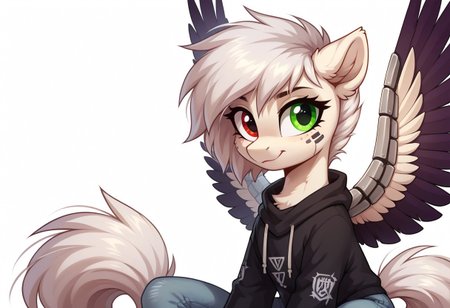 score_9, score_8_up, score_7_up, score_6_up, pony, original character, cyber in body parts, cyborg pony, white body color by code ((ffe9da)), mane gradient red, then green, heterochromia, eye color purple, second green, pony, my little pony, female, fluffy hair, fluffy tail, wings, jeans ((7ca5c2)), black sweatshirt with cutouts on the sleeves ((4e3b6c)), solo, white background, stay