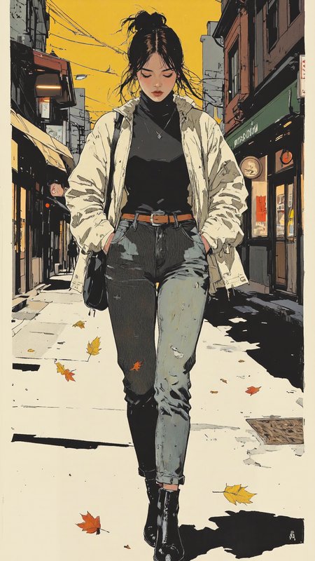 by martin french, pingtu style,Realistic comic-style illustration of a young woman walking through a quiet city street in the late afternoon, hands tucked into the pockets of her light jacket. Her brown hair is neatly tied into a low, loose bun, a few wisps escaping to frame her face as she gazes downward, lost in thought. She wears a fitted turtleneck, high-waisted jeans, and ankle boots, her steps relaxed and unhurried. The golden sunlight casts long shadows on the pavement, autumn leaves drifting in the breeze, while a row of cafés and bookstores line the street behind her. The hum of the city is distant, giving the moment a peaceful solitude. Bold comic-style linework, rich textures, expressive cross-hatching, warm, natural color palette, blending realism with everyday graphic novel aesthetics <lora:RM_Illustrify_v1.0M:0.9> <lora:illustration:0.8> <lora:Martin_French:0.6>