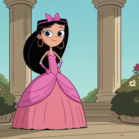 score_9, score_8_up, score_7_up BREAK IsaPF, 1girl, long black hair, dark blue eyes, pink bow, very long large straight tulle pink princess ball gown hoop skirt, ball gown hoop skirt, pink princess dress, hoopdress, my big princess gypsy wedding dress, ballgown, a girl in a dress posing for a picture, wearing long elbow length pink fingerless hook bridal gloves, she is smiling, closed mouth, ballgown, sexy pose, CrinolineDress, USE FACEFIX, cartoon, source_cartoon, smiling at viewer, full body, flower garden outdoors, flowers background, hands on hips,