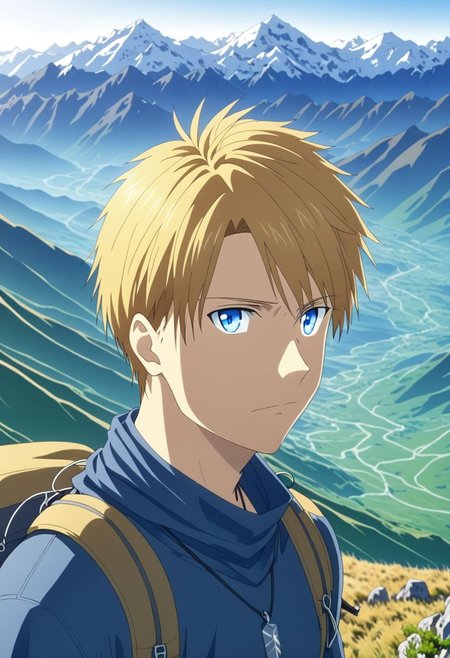 high resolution, solo, best quality, 1Boy, Yamato Ishida, Blond Hair, Blue Eyes, Necklace, landscape, upper body, looking a view, upper body, high mountain, hiking gear, OverallDetail