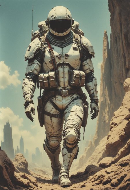This is a highly detailed, digital illustration created by artist Chris Foss in 1983. The scene depicts a futuristic, sci-fi setting. The central figure is a person, likely male, dressed in a bulky, white, high-tech spacesuit with a helmet and goggles, suggesting an astronaut or space explorer. The suit features multiple pockets, straps, and a prominent backpack, indicating it's equipped for a long journey.