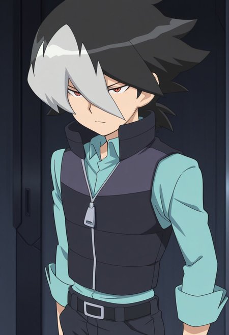 masterpiece,best quality,amazing quality, 
JinKaidou, 1boy, male focus, solo, red eyes, multicolored hair, black hair, grey hair, hair between eyes, shirt, blue shirt, collared shirt, vest, popped collar, zipper, zipper pull tab, belt, pants, black pants,