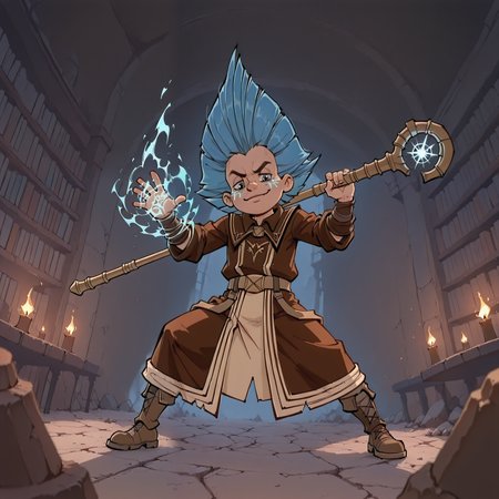 <lora:Neznajka:1.0>, 1 boy, solo, rich colors, badass boy, <lora:princess_xl_v2:0.65>, Neznajka, <lora:aidmaMJ6.1_v0.5_IL:0.65>, strong, mage, blue eyes , young, detailed backgroung,dark fantasy, dynamic, best quality, amazing quality, very aesthetic, absurdres, newest, depth of field, separate focus, dynamic angle, (dynamic composition:1.2), masterpiece, highres, 4k, intricate details,three quarter view, face focus, powerful,mage clothes, arcane magic, (smug:0.8),   full body, glowing blue tattoos, arcane aura, arrogant look, dark,  pitch darkness, (attacking viewer:1.2), battle pose, close to wiewer, battle, glowing,   blue hair, staff, magic academy,  casting spell, place of power, magic library, flying magic books, arcane energy,