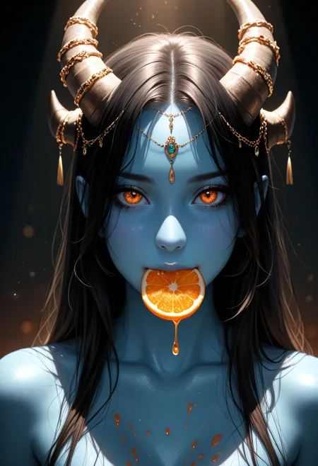 1girl, blue skin, demon horns, solo, short black hair, (Face savoring orange), orange slice in mouth, juice, dripping, biting orange slice, shiny, translucent, closeup, portrait, (straight on:0.8), looking at viewer,
horn ornament, horn chain, textured horns, rich details,
sensual elegance, raw sensuality, cinematic atmosphere, volumetric lighting, gradient colors, cinematic lighting, raytracing, soft focus, textured surfaces, depth of field, dramatic shadows, crack of light, high contrast, absolutely eye-catching, ambient occlusion, shiny, cute, horny, intricate details, sexy, heavily textured brushstrokes, beautiful detailed eyes, detailed skin, stunning, extremely detailed, soft, masterpiece, best quality, very aesthetic, absurdres, newest,
juicy, overflowing juice​​​, juice splash, orange fluid splash, motion lines, fluid spray, juice trails, excessive juice, translucent orange​​​