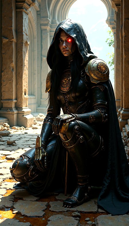 A cybernetic mystic, her face split between robotic and human features,  in an ancient, shadowed corridor. She has a glowing red eye, her hooded cloak adorned with golden circuitry patterns. Her armor, a blend of metal and glowing runes, suggests a perfect fusion of magic and technology. The digital artwork is a masterpiece of extreme realism, with perfect illumination, high contrast, and intricate, textured details.

Small pieces of debris scattered across the floor, such as broken tiles, stones, and remnants of past inhabitants.Puddles of water on the uneven floor, reflecting the faint light and adding a sense of dampness.Ornate mosaic patterns on the floor, worn and faded with age but still hinting at past glory. Occasional glimpses of the outside world through cracks or openings, showing distant landscapes or skies.

Defensive Crouch with holographic  Shield











