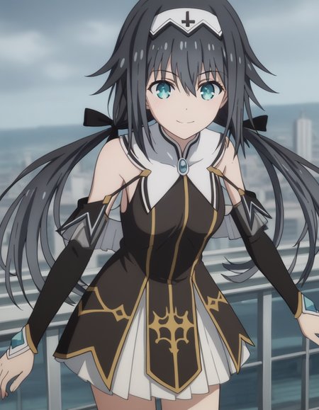 score_9, score_8_up, score_7_up, source_anime,
nibelcole,  <lora:nibelcole-s4s5-ponyxl-lora-nochekaiser:1>,
nibelcole, long hair, blue eyes, black hair, hair between eyes, twintails, very long hair, hairband, low twintails, white hairband,
skirt, detached sleeves, sleeveless, white skirt, black sleeves,
cityscape, bent over, smile,
looking at viewer, solo, cowboy shot, dutch angle,