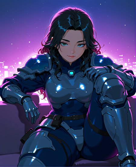 PonyScores7, source_anime, ah1, <lora:natsumi_style:0.5>, <lora:by_usakun-pony:0.4> by usakun, <lora:Akina_Bbw_Style_-_PonyXL:0.2> AkinBw
BREAK 1girl, (curly hair), long hair, (black hair:1.3), mature female, (parted hair:1.7), (round face:1.2), (thick eyebrows:1.5), (curvy), round-chin, (greenish hazel eyes), caucasian, (downturned eyes:1.4), (plump face), messy hair, <lora:Round_face:0.1>, <lora:ETO_OCPonyXL:0.5> eto_oc, skindentation, (plump), thick thighs, wide hips, busty, voluptuous, kinky curls, lips, <lora:venus body PonyXL:0.4>,  (A mischievous wink paired with a slight smile and pursed lips, smile), (sitting with one leg draped over the other, hand resting on their thigh, looking alluringly at the camera), (city), looking at viewer, (<lora:Glowing_Neon_Cyberpunk_XL:0.8> Glowing Neon Cyberpunk, (iridescent armor:1.7),  <lora:Terraformars:0.1> terraformarsmoviebodysuit, iridescent armored bodysuit, boobplate, shoulder pads, wrist guards, gloves, utility belt, belt pouch, hip armor, crotch plate, thigh armor, knee pads, shin guards, armored shoes)
BREAK <lora:xl_more_art-full_v1:0.2>, <lora:shinyskin2:0.2> glistening skin, <lora:aesthetic_anime_v1s:0.2>, <lora:Expressive_H:0.2> Expressiveh, <lora:hairdetailpxl:0.2> hairdetailpxl, <lora:EpicF4nta5yXL:0.2>, <lora:detailxl:0.2> detailxl, <lora:Fant5yP0ny:0.2>, best quality, amazing quality, best aesthetic, absurdres, <lora:expressive eyes:0.2> expressive eyes, <lora:eyedetailpxl:0.2> eyedetailpxl, illustration, Volumetric_Lighting, ultra-detailed, very aesthetic, intricate details, 8k, masterpiece, best_quality 
BREAK (Medium close-up) 
BREAK <lora:Eyes_High_Definition:0.3> EyesHD, Stable_Yogis_PDXL_Positives, AS-Adult, <lora:Complicated fantasy portrait - XL Pony V2.0:0.4>, bad-hands-5