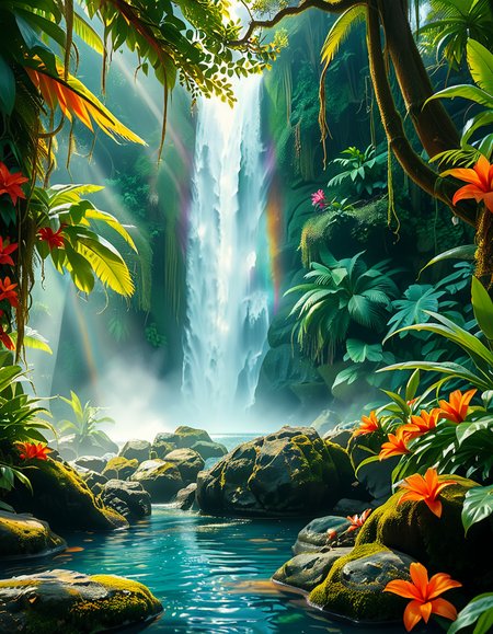 A stunning and tranquil view of a jungle waterfall cascading down smooth, moss-covered rocks into a crystal-clear pool below. The scene is surrounded by dense, lush greenery, with towering tropical trees and vibrant, oversized ferns creating a natural canopy that filters sunlight into dappled patterns on the forest floor. Brightly colored flowers in shades of red, orange, and purple add splashes of color among the greenery, while vines and roots wind their way around the rocks and trees. Mist rises from the base of the waterfall, catching the sunlight and creating a soft, ethereal glow, with a faint rainbow visible in the spray. Exotic birds with iridescent feathers can be seen perched on branches, and the faint sound of distant animal calls adds to the sense of a thriving, untouched paradise. The overall atmosphere is serene, magical, and vibrant, capturing the untamed beauty of nature.<lora:SDXLFaeTastic2400:0.4> <lora:extremely_detailed:0.4> extremely detailed, <lora:Jungle_w4t3rf4ll:1>,Jungle w4t3rf4ll, Masterpiece,best quality,hi res,8k,hi res,8k,award winning,(sharp focus, intricate, highly detailed),