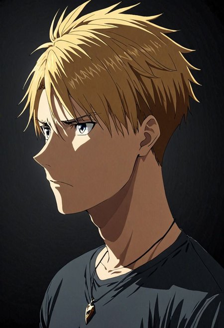 high resolution, solo, best quality, 1Boy, Yamato Ishida, Blond Hair, Necklace, potrait, dark shirt, looking at viewer, focused gaze forward, simple background, straight body, upper body, head upright, surprise, OverallDetail