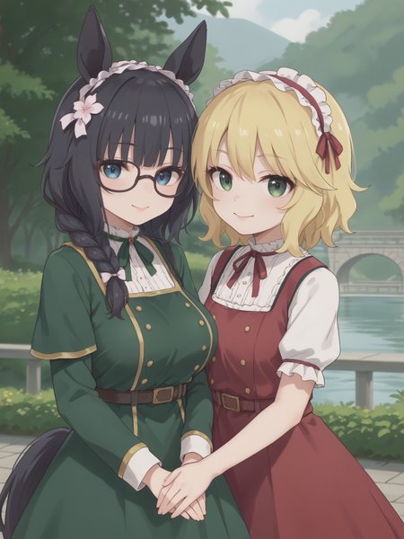 score_9, score_8_up, score_7_up, BREAK 2girls, portrait, from front, looking at viewer, smile,
 ADDCOMM 
1girl, green dress, 
ZennoRobRoy, horse girl, horse ears, horse tail, jitome, tareme, black hair, braid on bangs, hair flaps, sidelocks_on_ribbons, bangs, single braid, horizontal braid bangs, flower hair ornament, black boston glasses, (blue eyes), large breasts, covered ears, hair covering ears, 
 ADDCOL 
1girl, red dress, rose dress,
sakurai momoka, blonde hair, green eyes, bangs, short hair,wavy hair,
<lora:sakuraimomoka_pony_v1_1:0.6>  <lora:sdxl-um-zennorobroy:0.8> ,  <lora:neg4all_bdsqlsz_xl_V91:1>, <lora:hand 4:1> Hand, five fingers,
