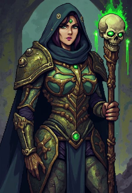 pixel art of woman as necromancer, fully covered in  armour made of bone and stone, holding a wizard staff with a skull with glowing green eyes on top of it,, wearing rusty dirty-green necrotic  amour, complex background, gorgeous, extremely intricate details