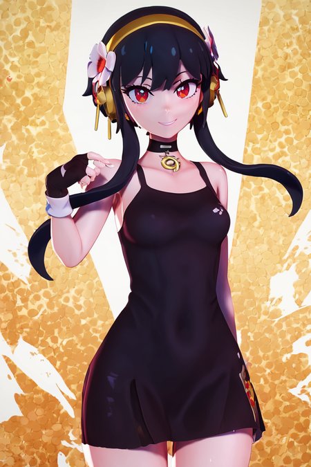 score_9, score_8_up, score_8, medium breasts, (curvy), cute, eyelashes,       BREAK, , BREAK, YorForger,1girl,black hair, red eyes, short hair with long locks, gold hairband, hair flower, black choker, black dress, sleeveless, off shoulder, positive:BREAK, floral print, fingerless gloves, <lora:YorForgerXLpony004:0.8>,, <lora:Zy0n7_PDXL:1.0>, , BREAK,  smile, looking at viewer, cowboy shot,  embedding:zPDXL, Expressiveh, <lora:SDXLFaeTastic2400:0.5>,  <lora:Expressive_H-000001:0.4>,