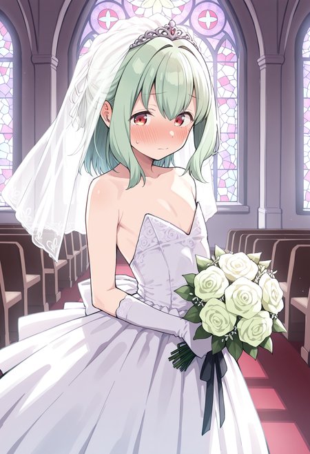 <lora:otoritanillustr:1>, 1boy, trap, side locks, medium hair, light green hair, red eyes, otoritan1, flat chest,
solo, wedding dress, bride, flower, bouquet, bridal veil, gloves, otoko no ko,
church, stained glass, standing, blush,
masterpiece,best quality,amazing quality,