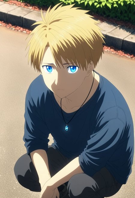high resolution, solo, best quality, 1Boy, Yamato Ishida, Blond Hair, Blue Eyes, Necklace, lofi, candid, squat, depth of field, photo model, looking at viewer, OverallDetail