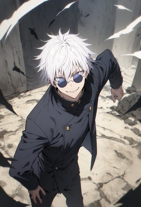 score_9, score_8_up, score_7_up, score_6_up, masterpiece, best quality, absurdres, cinematic, perfect composition, solo, 1boy, gojou satoru, blue eyes, white hair, round sunglasses, jacket, black jacket, gakuran, school uniform, high collar, smirk, standing, looking at viewer,