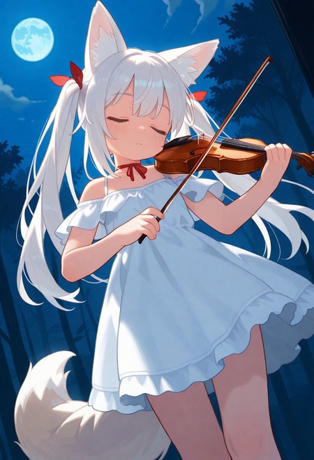 masterpiece, score_9, score_8_up, score_7_up, EasyNegative_v2, 
(best quality:1.1),ultra-detailed, high resolution, super detailed skin, beautiful detailed eyes, Brightly Lit, Highly Visible, 8k, sharp focus, beautiful, perfect lighting, beautiful eyes, anatomically correct, anatomically correct face, extremely detailed eyes, smooth edges, beautiful face, symmetrical eyes, symmetrical face, 
(standing:1.3), (playing the violin:1.5), (closed eyes:1.5), 
1girl, cute girl, (white hair, long hair, twintails, hair ribbon:1.3), (fox ears, fox tail:1.5), (white dress, off-shoulder, ribbon choker:1.3), 
bright lighting, (night, full moon, blue moon:1.3), (dutch angle:1.5),