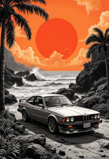 A graphic illustration, in black and white, of an ocean landscape with a bright orange sunset.streets,.photoshoot near the ocean at sunset near a 90s car
 <lora:Dieselcore:0.7> d1eselc0re <lora:Glitchcore_Flux:0.4> gl1tchc0re