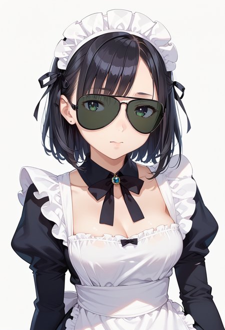 score_9, score_8_up, score_7_up, rating_safe, masterpiece, best quality, absurdres, unity 8k wallpaper, official art, official style, source_anime, uncensored, game cg, megami magazine,
1girl, solo, black hair, medium hair, upper body, maid, maid headdress, black dress, maid apron,
sg-AVIATOR, sunglasses, darkgreen-tinted eyewear, covered eyes, white background, simple background, black-framed eyewear
 <lora:glasses_aviator_PONY_V2:1>