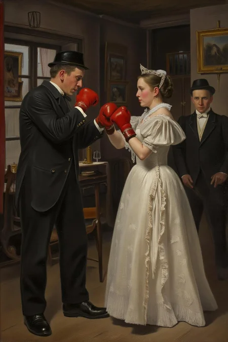 lauritsandersenring1 painting. A man and a woman, wearing red gloves, boxing at a wedding <lora:lauritsandersenring1_cap_d8a4e13:1.0><lora:857023055174617275:0>