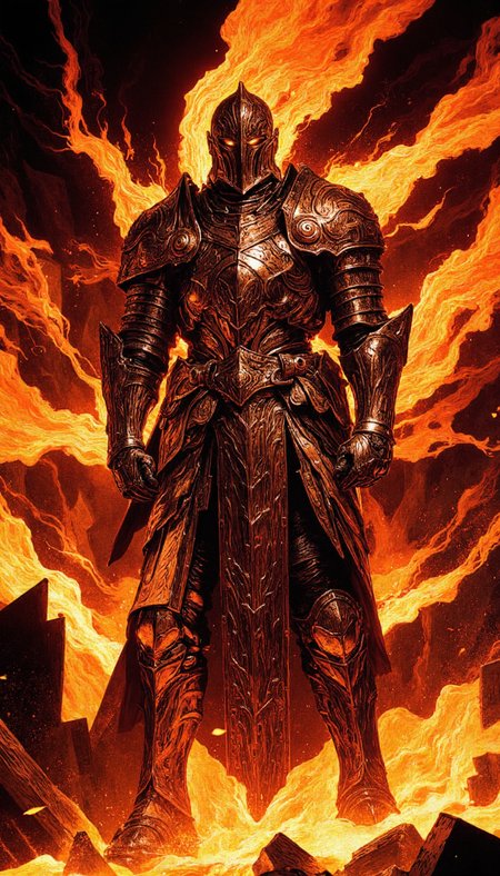 Comic book style, A tenebrous knight, clad in burnished plate armor, stands amidst a maelstrom of incandescent flames. Dynamic three-quarter shot, low angle.  Emphasize the indomitable spirit and resilience.  Focus on the interplay of light and shadow on the armor. Granular detail: Embers drift through the air. Lighting: Dramatic chiaroscuro from the flames. Scene: Battlefield inferno. Background: Apocalyptic, roiling flames. Add a sense of impending doom and the knight's immutable defiance against overwhelming odds.  Augment background with crumbling architecture and strewn debris to accentuate the cataclysm.