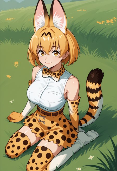 score_9, score_8_up, score_7_up, source_anime, <break> solo, 1girl, kfs3rval, cat tail, striped tail, smile, closed mouth, looking at you, kneeling, short hair, blonde hair, animal ears, animal ear fluff, extra ears, yellow eyes, serval print, white shirt, sleeveless shirt, orange bow, print bow, orange gloves, elbow gloves, print gloves, high-waist skirt, print skirt, belt, print thighhighs, bare shoulders, large breasts, outdoors, grass
<segment:yolo-face_yolov8m.pt,0.4,0.5//cid=1>