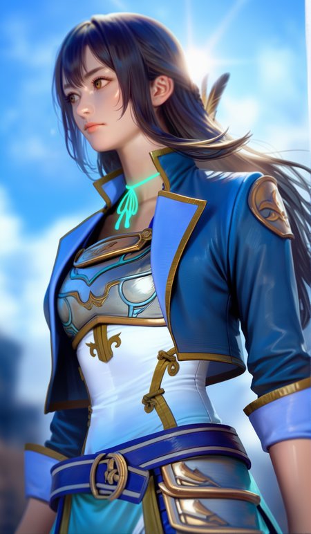 score_9,score_8_up,score_7_up,
<lora:xinxianying:0.9>,xinxianying,
highres,photorealism,bloom,
1girl,solo,long black hair,bangs,yellow eyes,looking to the side,blue short jacket,silver chest armor,metal shoulder guard,white and cyan dudou,blue belt,brown belt,blue and cyan overskirt,rope choker,upper body,from below,white background,backlighting,
blurry background,
outdoors,
blue sky,cloud,feathers in the background,
light particlest,Lens Flare,