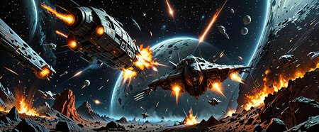 pulp fiction illustration of an epic space battle with spaceship in deep space   <lora:add-detail-xl:1>  masterpiece, 8k, illustration, cinematic lighting, epic,