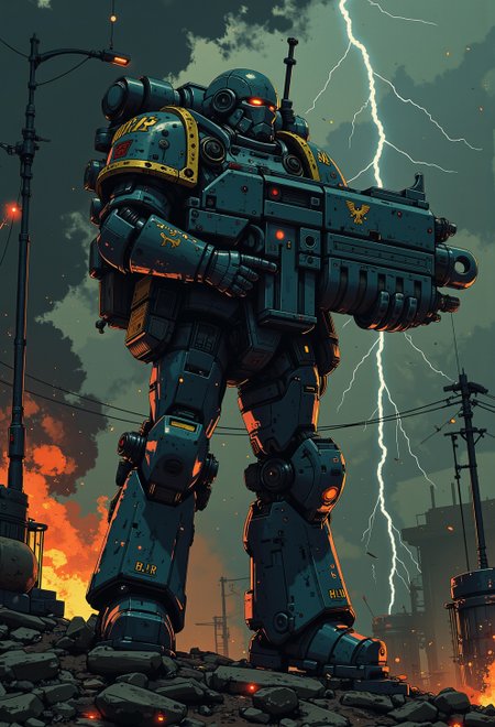 <lora:ck-nc-pastel-cyberpunk:0.9>, A digital artwork in the style of cknc, In a dark, war-torn battlefield illuminated by flashes of lightning and the glow of smoldering fires, a towering Space Marine stands amidst the carnage, gripping a Mad-GDWN-BLTR. The bolter is sleek yet brutal, its boxy form marked with scratches, burn marks, and the blood of fallen foes. The Marine’s armor, a deep, worn cerulean with patches of grime and soot, shows symbols of purity seals and battle honors. The Mad-GDWN-BLTR, adorned with small gold inlays and etched with symbols of loyalty, gleams as the Marine steadies it, staring down the sight at a horde of encroaching chaos mutants. Lightning crackles above, casting sharp shadows that dance across his helmeted face. The scene captures raw determination and power, as if time itself has slowed to highlight the destructive precision of this revered weapon.
<lora:Luminous_Shadowscape:0.5> <lora:Bolter_Godwyn_FLUX:0.9>