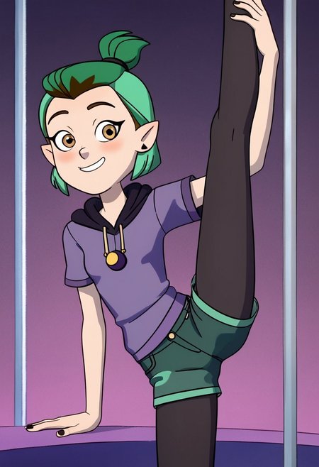 score_9,score_8_up,score_7_up, TDPStyle, disney the owl house Amity Blight, sexy attire, 1 girl, green hair, medium hair, half updo happy face, blush, small breast , Expressiveh,  hoodie, short sleeves, hood down, purple shirt, white shirt, denim shorts, leggings under shorts, black leggings, sly smile, eyes half open, cowboy shot, looking at viewer, stripper, stripper pole, pole dancing, standing on one leg,standing split,leg hold,leg lift,