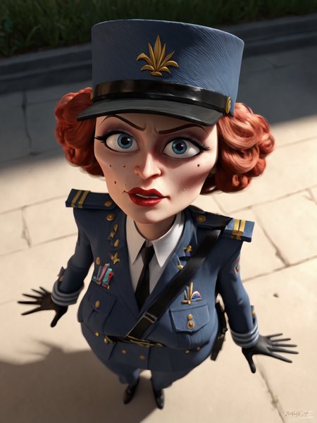 score_9, score_8_up, score_7_up,  score_6_up, BREAK, Ch4nt3lDuB0is, 1girl, solo, blue eyes, red hair, red lips, blue uniform, blue headwear, black gloves, full body <lora:Chantel_DuBois-000008:0.8>