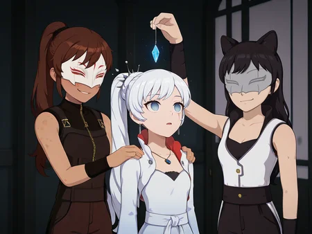 masterpiece, best quality, amazing quality, very aesthetic, absurdres, newest, 3girls, standing,
weiss_schnee, blake belladonna, \(rwby\), 1l1a
upper body, smile, holding, mind control, blue gem, hand on another's shoulder
<lora:Crystal-on-String-ILL_Kirill782_v2:1>, crystal on string, arm up, 
BREAK
(hand on another's shoulder:1.3), smirk,
(F4ngM4sk, white mask:1.3), long black horns, covered eyes,
brown hair, long hair, ponytail, dark skin, freckles,
B0dysu1t, black bodysuit, sleeveless, single glove,
 <lora:Ilia-Amitola-RWBY-ILL_ArkAi_v1:0.9>
BREAK
weiss_schnee, long hair, ponytail, white hair, blue eyes, scar across eye, earrings, jewelry, necklace, weissdef, long sleeves, cropped jacket, high collar, white dress,
hands behind back, standing in front, (standing from behind:1.3), hand on shoulder, 
looking up, mind control, crystal on string, looking at gem, 
 <lora:Weiss-Schnee-Rwby-ILL_Lisette_v1:1>
BREAK
blake belladonna, \(rwby\), black hair, cleavage, medium breasts, cat ears, long hair, 
WF_RWBY, mask, white jacket, white sleeveless jacket, black pants, black fingerless gloves, 
arm up, (blake belladonna-arm-above-head),
<lora:White-Fang-Uniform-RWBY-ILL_JGCC1990_v1:1>