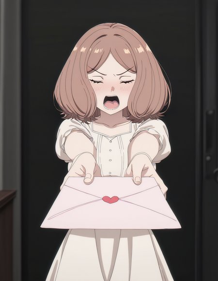 masterpiece, best quality, newest, absurdres, highres, safe,, <lora:mage-edel-s1-illustriousxl-lora-nochekaiser:1>, edel, brown hair, brown eyes, medium hair, medium breasts, anime screencap, <lora:love-letter-ponyxl-lora-nochekaiser:1>, love letter, heart, valentine, letter, confession, incoming gift, outstretched arms, closed eyes, shouting,, , cowboy shot, solo
