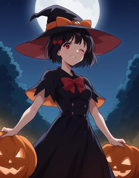 score_9, score_8_up, score_7_up, source_anime, <lora:kanade-hisaishi-movie-ponyxl-lora-nochekaiser:1>, kanade hisaishi, short hair, bangs, black hair, red eyes, bow, hair bow, red bow, medium breasts,, <lora:witch-ponyxl-lora-nochekaiser:1>, witch, hat, witch hat, dress, halloween, halloween costume, jewelry,, night, moon, blush, smile, one eye closed,, , dutch angle, cowboy shot