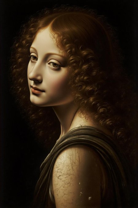 davinci1 painting.
A young woman, shown in side profile, has curly brown hair and wears a draped garment. She is gazing the left, with her head turned slightly. <lora:davinci1_cap_d6a3e12:1.0><lora:852102468983593832:0>
