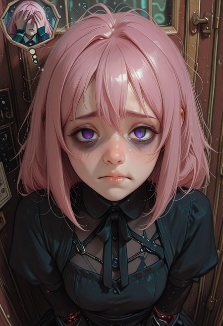 masterpiece, detailed_eyes, high_quality, best_quality, highres, absurdres, 8k, subject_focus, depth_of_field,  <lora:lerapi_ill:1>, <lora:MoriiMee_Gothic_Niji_Style_Illustrious_r1:1>, lerapi, artist:moriimee ,  (soft_shading_anime) , expression filled with desire , <lora:CivChan:1> , 1girl, CivChan, pink hair, purple eyes, unhappy,tired,bag under eyes, empty eyes,depression, messy, android, black dress , broken website, 404 error page, frustrated users, confused visitors, rage comics, memes scattered about, technical support chat window, loading screen stuck at 99%, sad error mascot, facepalm moments, "under maintenance" signs