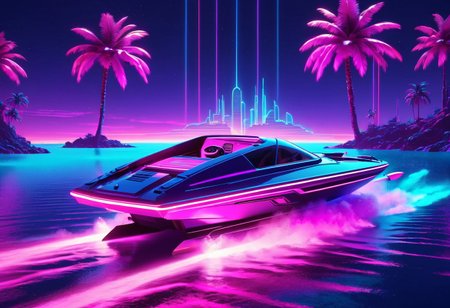 A cinematic 80s synthwave scene of a retro-futuristic speedboat racing along a neon-lit coast with glowing palm trees. A neon sunset in blue, pink, and purple hues sets the vibrant backdrop. The detailed 3D render captures sleek design, dramatic lighting, and bold electric colors, evoking a surreal, vaporwave vibe. (CXP Style: 1.5)