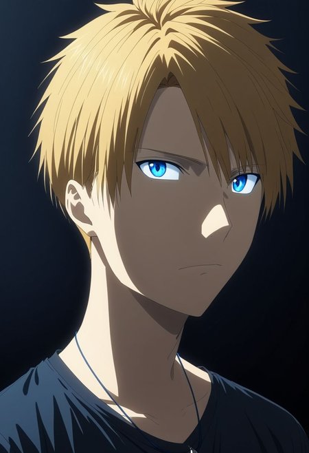 high resolution, solo, best quality, 1Boy, Yamato Ishida, Blond Hair, Blue Eyes, Necklace, potrait, dark shirt, looking at viewer, focused gaze forward, simple background, straight body, upper body, head upright, neutral expresion, OverallDetail