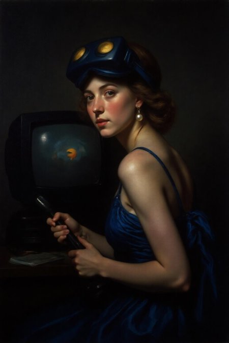 jore1 painting 
 of a young woman turned slightly toward the viewer, She wears a deep blue VR Headset with golden yellow lenses draped elegantly over her head, complementing her smooth, glowing complexion. Her gaze is soft yet piercing, and her slightly parted lips add an air of mystery. She is wearing a VR Headset over head. She also hold a joystick in her hand. There is a TV monitor behind her displaying Pacman. A single, luminous pearl earring hangs from her ear, catching the light and drawing attention to her delicate features. The background is dark and muted, creating a dramatic contrast that emphasizes her presence and the subtle interplay of light and shadow on her face and attire. The overall atmosphere is intimate and serene, with a masterful balance of detail and simplicity  <lora:jore1_cap_d6a3e12:1.0><lora:818379419803629187:0>