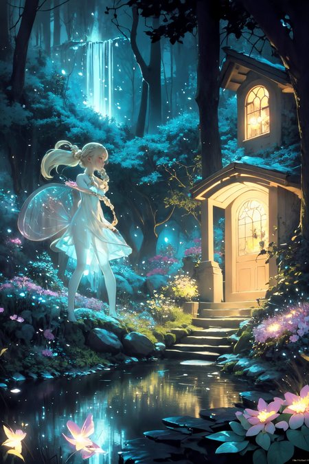 ( detailed realistic background:1),
( official art, beautiful and aesthetic:1 ),
realistic lighting,
cinematic lighting,
hyperrealism,
soothing tones,
muted colors,
high contrast,
soft light,
sharp,
artistic photoshoot,
<lora:FeyAndFairies-11:0.8>FeyFa, , forest, trees, middle, path, waterfall, through, background, stream, flowers, lights, running, in the foreground stands a fairy in front of her fairy house, light,( cute, petite ),
slender,
european,
pale cheeks,
square face shape with angular jaw,
natural "no-makeup" makeup,
big breasts,
,
platinum blonde hair ,
crown braid hairstyle  ,wearing a see-through gossamer fairy short dress,
night time, darkness,