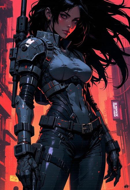 magnificent,  closeup portrait, female bounty hunter, flowing black hair, futuristic armor, sexy, curvy, large breasts, large ass, a rifle strapped to her back, holstered pistol, Cyberpunk City, Neon Lights, 
Cowboy Shot, close up,