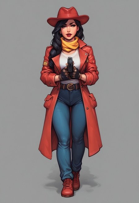 score_9, score_7, score_8, score_6, 1girl, solo, detailed, expressive, masterpiece,
carmensandiego, hat, long hair, lipstick, gloves, black hair, red coat, trench coat, red headwear, yellow scarf, yellow hatband,
knva,
(((full-clothed))), ((long big pistol in hands, handgun in hands))
BREAK 
strange world background score_9, score_8_up, score_7_up, score_6_up, source_cartoon, rating_explicit, Expressiveh, (((((full body))))), dynamic pose